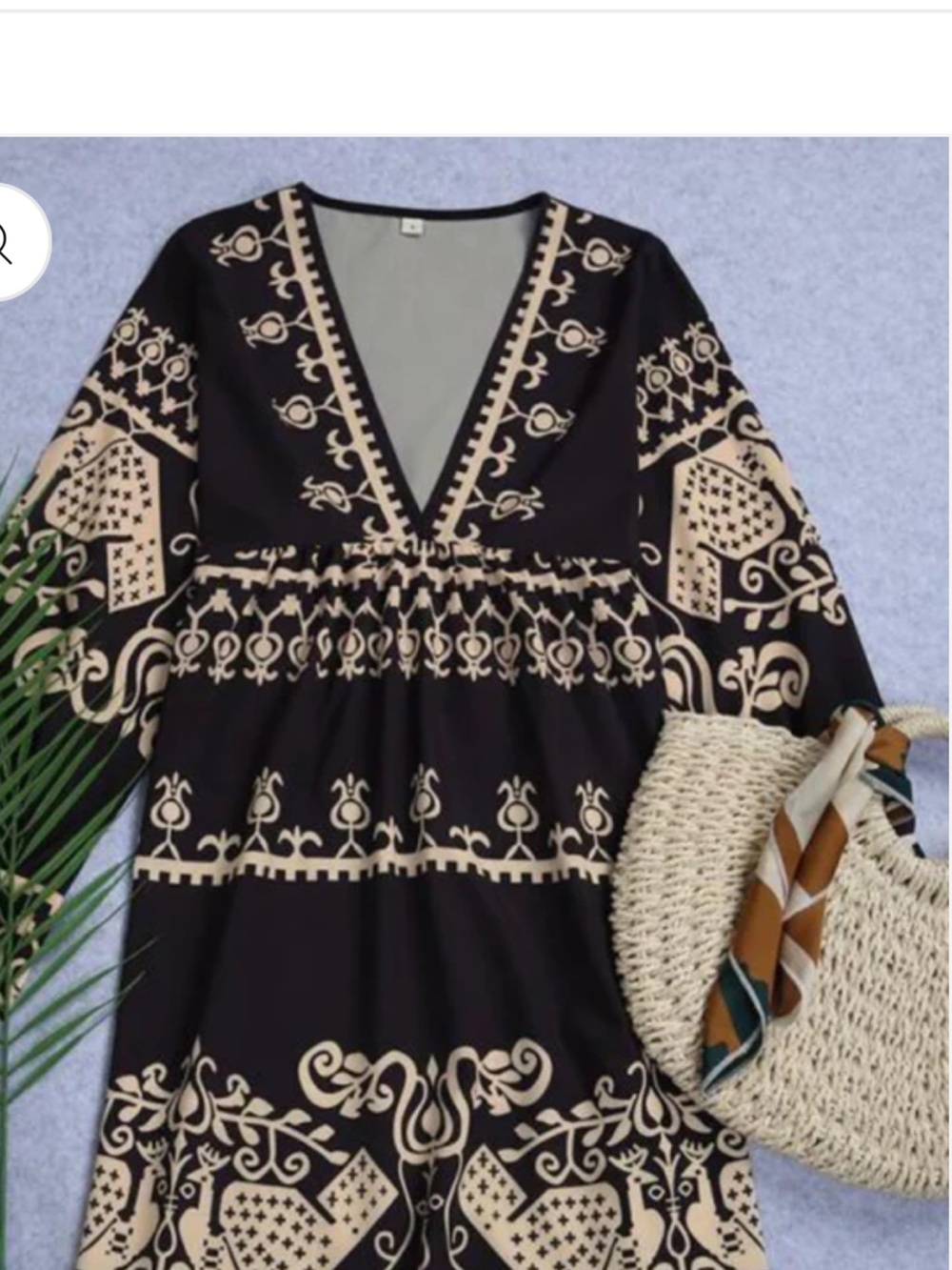 Black and Beige V-Neck Embroidered Boho Dress